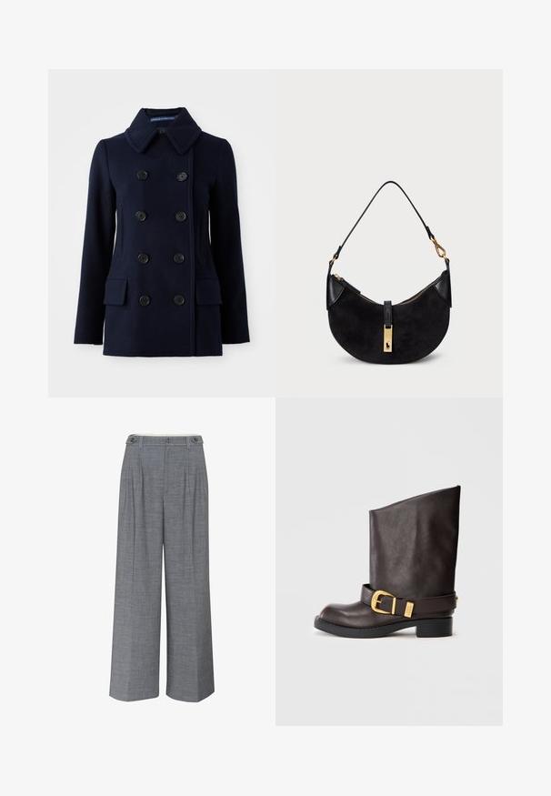 Navy blue double-breasted coat made of wool, featuring large black buttons, a notched collar, and two front pockets. Smooth texture.; Black cotton t-shirt with short sleeves, round neck, and a small white logo on the bottom left. Classic, boxy fit with minimal detailing.; Gray wide-leg trousers made from textured fabric, featuring a double button closure and front pleats for added design detail.; Dark brown mid-calf leather boot with black sole, low heel, and decorative gold buckle strap around the ankle, shown from the side.; Black handbag with a curved shape, made of suede and leather, featuring a gold-tone zipper and a logo detail. Includes a short handle.