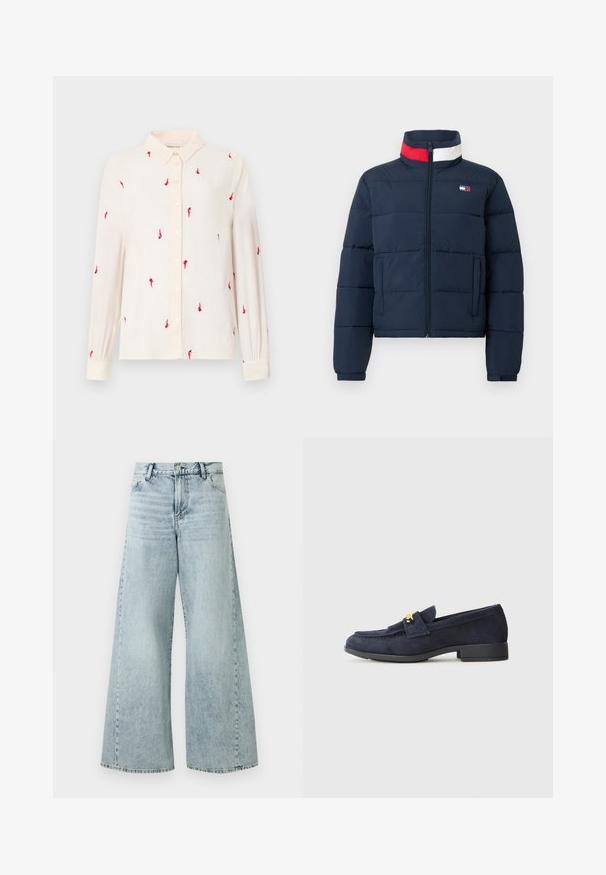 Casaco acolchoado azul-marinho com gola alta, fecho de correr frontal e dois bolsos laterais. Apresenta riscas de destaque vermelhas e brancas na gola.; Camisa de manga longa bege claro com colarinho abotoado, apresentando bordados de pássaros vermelhos em toda a sua extensão e fechos de botão na frente e nos punhos.; Jeans de ganga azul claro, de perna larga e cintura alta, com fecho de botão, cinco bolsos e detalhes de bainha desfiada.; Sapatos mocassins de camurça azul-marinho com um salto preto baixo, apresentando um detalhe decorativo em metal dourado na parte da frente e um design de bico arredondado.