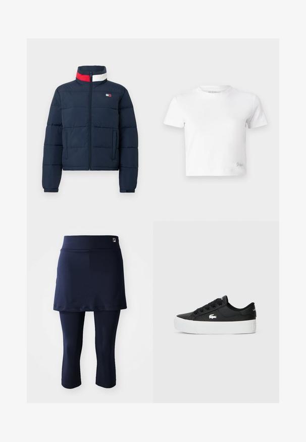 Laivastonsininen toppatakki, jossa on korkea kaulus, etuvetoketju ja kaksi sivutaskua. Kauluksessa on punaisia ja valkoisia korostusraitoja.; Valkoinen lyhytcropattu t-paita, joka on valmistettu sileästä puuvillasta. Siinä on korkea kaula-aukko ja lyhyet hihat. Pienessä alakulmassa on brodeerattu logo.; Merkkihame navy-sinisillä urheilutrikoilla. Valmistettu sileästä kankaasta, jossa on leveä vyötärökaistale ja pieni logo vyötärökaistaleessa.; Musta matalavartinen lenkkari, joka on valmistettu synteettisestä materiaalista ja jossa on valkoinen kumipohja, mustat nauhat ja pieni valkoinen logo sivussa.