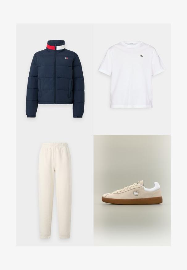 Tumesinine sulejope kõrge krae, ees tõmblukk ja kaks küljetaskut. Krael punaste ja valgete triipudega aksendid.; Valge puuvillane T-särk ümmarguse kaelusega ja lühikeste varrukatega. Rinnal on roheline tikandiga logo. Pehme tekstuur, vabalt langev lõige.; Kreemjatavad dressipüksid pehmest kangast. Omavad elastset vööd ja kitsenevat jala disaini koos peente õmblusteadetega.; Beez suede tossud valgete detailidega ja kummist tallaga. Küljel on tõstetud logo ja kontrastsed beeži paelad. Klassikaline disain.