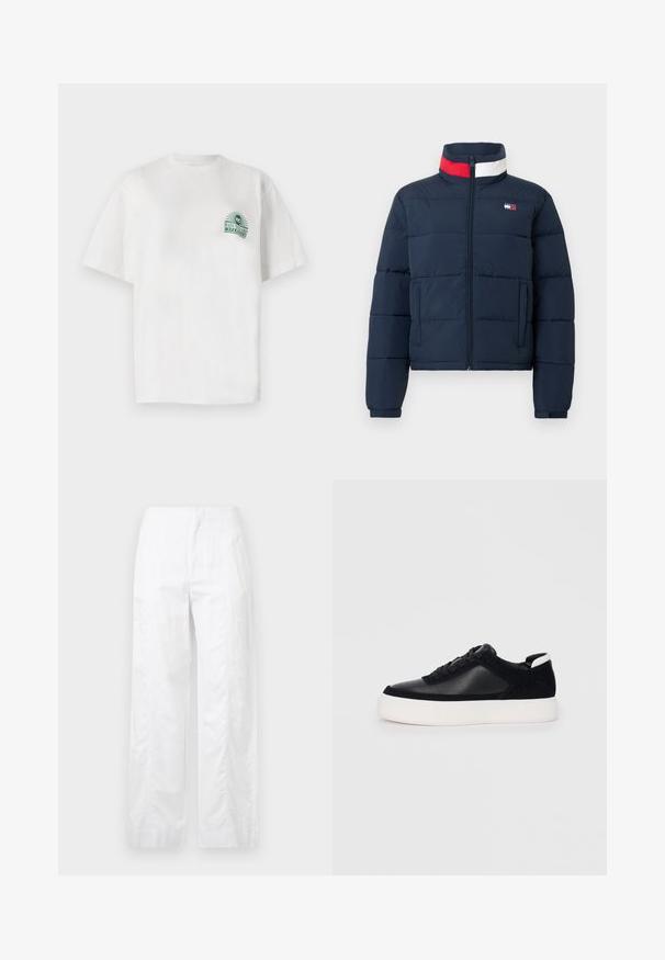 Casaco acolchoado azul-marinho com gola alta, fecho de correr frontal e dois bolsos laterais. Apresenta riscas de destaque vermelhas e brancas na gola.; T-shirt de algodão branco com mangas curtas e decote redondo. Apresenta uma estampa gráfica verde no lado esquerdo do peito.; Calças brancas de perna larga feitas de um tecido leve, com uma textura suave, linhas limpas e um design de cintura alta.; Sapatilha preta com painéis de pele lisa e camurça, atacadores planos, bico arredondado e sola de borracha branca. Logótipo distinto no calcanhar.