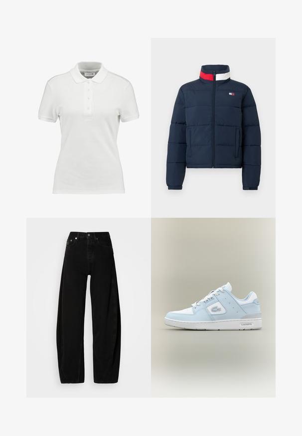 Tmavomodrá prešívaná bunda s vysokým golierom, predným zipsom a dvoma bočnými vreckami. Golier zdobia červené a biele pruhy.; Biela polo košeľa vyrobená z texturovanej bavlny, s klasickým golierom, trojicoj gombíkovou légou a malým logom Lacoste na hrudi.; Čierne denimové nohavice širokého strihu s vysokým pásom, s knoflíkovým zapínaním, piatimi vreckami a minimálnymi detailmi šitia.; Svetlomodré kožené tenisky s bielymi akcentmi, s guľatou špičkou, textúrovanou bočnou panelou a šedým opätkom. Majú klasický dizajn s viazaním.