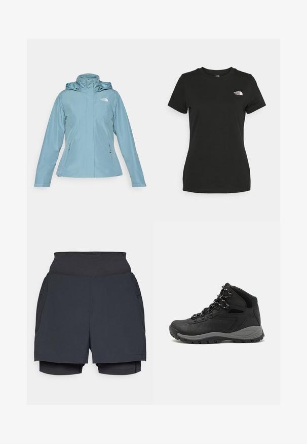 Lyseblå vanntett jakke med hette, frontglidelås og to sidelommer. Glatt tekstur med logo på øvre venstre bryst.; Svart bomull t-skjorte med rund hals og korte ermer. Fremtredende hvit logo øverst til venstre. Glatt tekstur, avslappet passform.; Svartidrettsshorts med bred midjebånd, med lagdelt design og indershorts. Glatt tekstur og lett stoff.; Sorte turstøvler med mid-topp design, som har en teksturert overdel, grå detaljer og slitesterk gummisåle med godt grep.