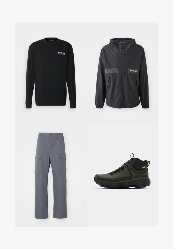 Černá bunda Columbia se zipem, nastavitelnou kuklou a elastickými manžetami. Obsahuje šedý horizontální akcentní panel na hrudi.; KAVU ETCH ART - Top s dlouhým rukávem - black; Šedé cargo kalhoty vyrobené z odolné tkaniny. Mezi vlastnosti patří elastický pas, dvě velké boční kapsy a rovný nohavicový střih.; Columbia ESCAPE THRIVE TITANIUM MID - Trekingové boty - nori/black