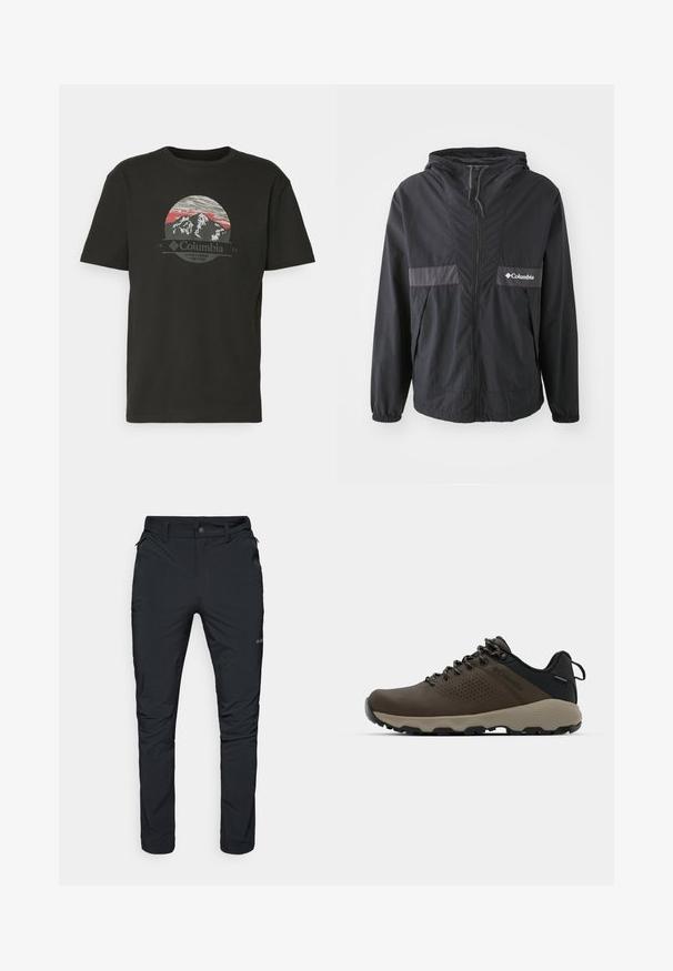 Černá bunda Columbia se zipem, nastavitelnou kuklou a elastickými manžetami. Obsahuje šedý horizontální akcentní panel na hrudi.; Columbia PATH LAKE™ GRAPHIC TEE - Triko s potiskem - black; Černé venkovní kalhoty s rovnou siluetou, vybavené zipovými kapsami, poutky na opasek a lehkým, odolným textilním materiálem.; Hnědé nepromokavé sneakers s texturovaným svrškem, perforovanými detaily, černým oporou paty a šedou gumovou podrážkou. Šňůrky mají kovové konce.