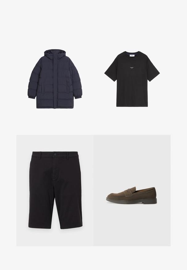Veste en duvet bleu marine avec capuche, présentant un design matelassé, des poignets élastiques, deux poches avant et une patte de boutonnage à l'avant sans fermetures visibles.; T-shirt en coton noir avec un col rond et des manches courtes. Présente un petit logo blanc sur le devant. Design simple, coupe décontractée.; Shorts noirs en tissu léger. Dotés d'une fermeture à bouton, de passants de ceinture, de deux poches latérales et d'une coupe droite.; Mocassin en daim marron avec un bout arrondi, une sangle sur le devant et une semelle en caoutchouc plate. Design simple avec des lignes épurées et un minimum de détails.