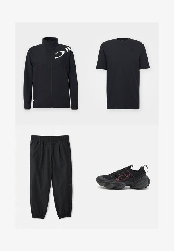 Oakley ENHANCE TECH JACKET - Sommerjakke - blackout; Svart bomulls t-skjorte med korte ermer og rund hals, med en subtil logo-akse på brystet og en avslappet passform.; Sorte, uformelle bukser med elastisk liv som har sidelommer, elastiske mansjetter ved ankelen, og en liten logo på høyre lår.; Svart trening sneakers med en teksturert mesh-overdel, kontrasterende røde detaljer, og en kraftig gummisåle med runde grep.