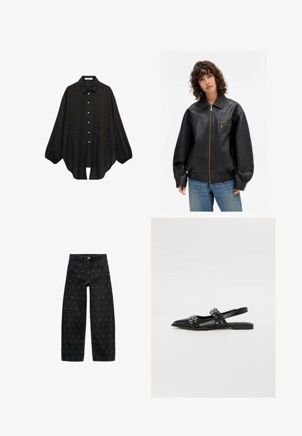 Black leather bomber jacket with a front zipper, side pockets, and brown stitching accents. Features a wide collar and relaxed fit.; Black striped shirt with a collared neckline, button front, and billowy sleeves. Features thin vertical lines and a loose silhouette.; Black denim wide-leg jeans featuring a pattern of small silver grommets, with a classic five-pocket design and button front closure.; Even&Odd Ballet pumps - black