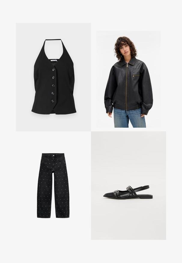 Jachetă bomber din piele neagră, cu fermoar frontal, buzunare laterale și accente de cusături maro. Prezintă un guler larg și o croială lejeră.; Top halter negru cu un decolteu adânc în V și o serie de șase butoane mari pe față, realizat dintr-un material fin, cu o croială structurală.; Jeans din denim negru, cu picioare largi, având un model de mici gromete argintii, cu un design clasic cu cinci buzunare și închidere cu buton în față.; Even&Odd Balerini - black