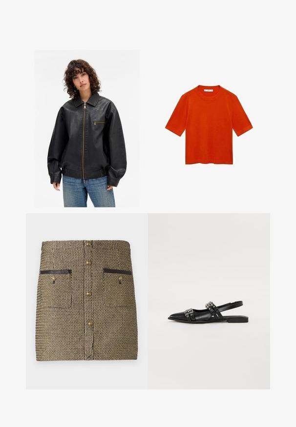 Sort læder bomberjakke med frontlynlåse, sidelommer og brune stikninger. Har en bred krave og en afslappet pasform.; Kortærmet orange t-shirt lavet af blødt stof, med rund hals og en afslappet pasform, lige kant og uden synlige mønstre.; Vævet nederdel med et sort og guld mønster, to forlommer med sorte accenter og guldknapper ned ad midten.; Even&Odd Slingback-ballerinasko - black