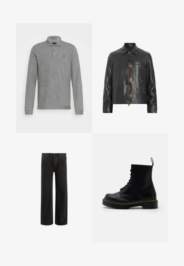 Čierna kožená bunda so zipsom vpredu, golierom a bočnou vreckom. Vyznačuje sa lesklou textúrou a zlatými kovovými komponentmi.; Sivá polo košeľa s dlhým rukávom vyrobená z mäkkého materiálu, s trojbuttonovým zapínaním a žltým logom na ľavom hrudníku.; Čierne džínsy s širokými nohavicami a vysokým pásom, so classic piatimi vreckami a jemným vyblednutím pre textúrovaný vzhľad.; Čierne kožené členkové čižmy s šnurovaním vpredu, žltým prešívaním, okrúhlou špičkou a hrubou, textúrovanou gumovou podrážkou.