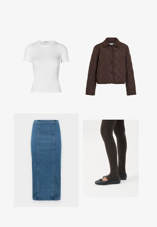 Braune steppige Jacke mit Druckknöpfen, seitlichen Taschen und einem Cordkragen, auf einem weißen Hintergrund präsentiert.; Weißes T-Shirt mit kurzen Ärmeln aus geripptem Baumwollstoff. Figurbetontes Design mit runder Ausschnitt und glatter Textur. Keine Muster oder Verzierungen.; Blaue Denim-Bleistiftrock mit vertikalen Nähten und hohem Taillenbund, der unter das Knie fällt, auf einem weißen Hintergrund präsentiert.; Schwarze flache Schuhe mit einem kleinen Schleifendetail an der Zehe, kombiniert mit dunkelbraunen gerippten Strumpfhosen. Die Schuhe haben eine glatte Textur und ein niedriges Profil.