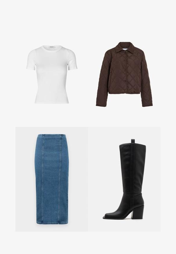 Brūns pāršūts jaka ar nozīmēm, sānu kabatām un samta apkakli, attēlota uz baltā fona.; Baltas īsām piedurknēm T-krekls, izgatavots no ribota kokvilnas auduma. Pieguļošs dizains ar apaļu izgriezumu un gludu tekstūru. Bez rakstiem vai rotājumiem.; Zila džinsA zīmuļa svārki ar vertikālām šuvēm un augstu jostasvietu, kas krīt zem ceļgaliem, izstādīti uz baltas fona.; Melna ādas zābaku līdz ceļgaliem ar kvadrātveida purngaliem, sašaurinātu papēdi un vertikālām šuvēm gar ārējo šuvi. Gluda tekstūra.