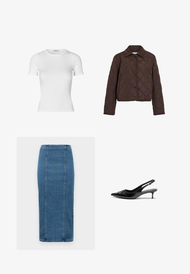 Brown quilted jacket with snap buttons, side pockets, and a corduroy collar, shown on a white background.; White short-sleeve t-shirt made of ribbed cotton fabric. Fitted design with a crew neckline and a smooth texture. No patterns or embellishments.; Blue denim pencil skirt with vertical seams and a high waist, falling below the knee, displayed on a white background.; Black leather slingback heels with a pointed toe, small kitten heel, and a decorative knot detail on the front. Smooth texture throughout.