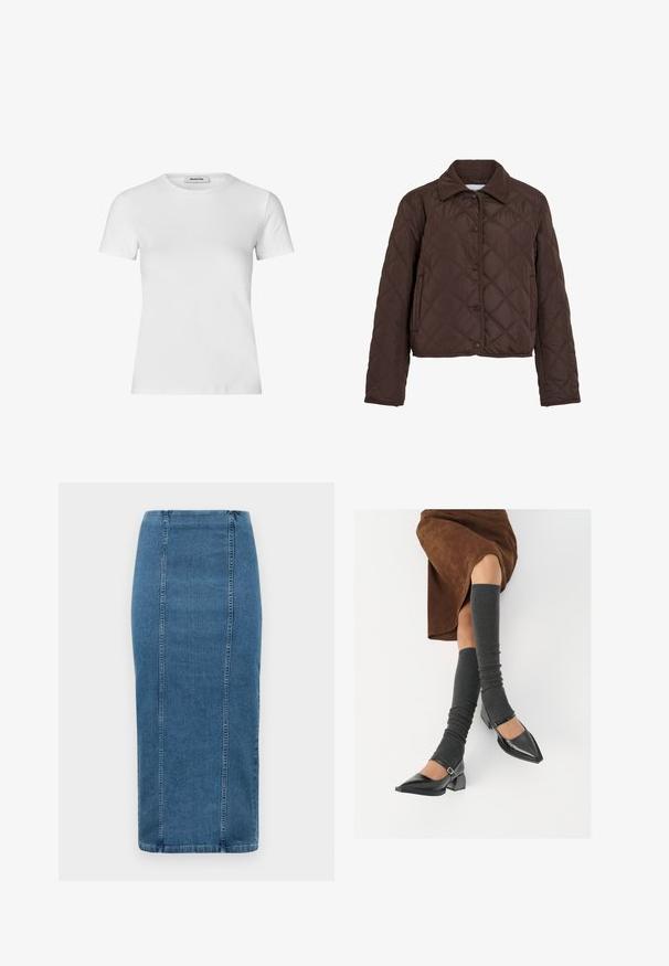 Brown quilted jacket with snap buttons, side pockets, and a corduroy collar, shown on a white background.; White short-sleeve t-shirt made of cotton. Features a crew neck and a fitted silhouette with a smooth texture and no visible patterns.; Blue denim pencil skirt with vertical seams and a high waist, falling below the knee, displayed on a white background.; Black patent leather pointed-toe shoes with a block heel and ankle strap, paired with gray ribbed leg warmers and a brown suede skirt.