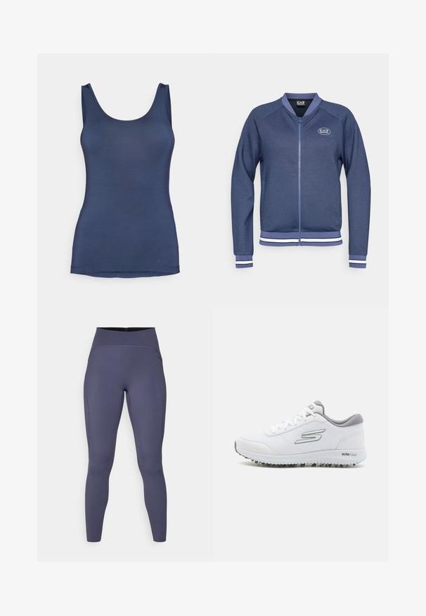 Chaqueta azul marino de cremallera con tejido texturizado, puños y dobladillo acanalados, con franjas blancas de acento y un logo circular en el pecho.; Camiseta sin mangas de color azul marino hecha de un tejido suave y elástico, con escote redondeado y corte ajustado. Logo sutil cerca del dobladillo.; Leggings de cintura alta en un color gris oscuro sólido. Fabricadas con un tejido elástico, con costuras planas y un diseño de pierna ajustada y cónica.; Zapatillas deportivas blancas con un upper de malla texturizada, acentos plateados y una suela ligera con pequeños tacos de tracción, etiquetadas como "ULTRA FLIGHT."