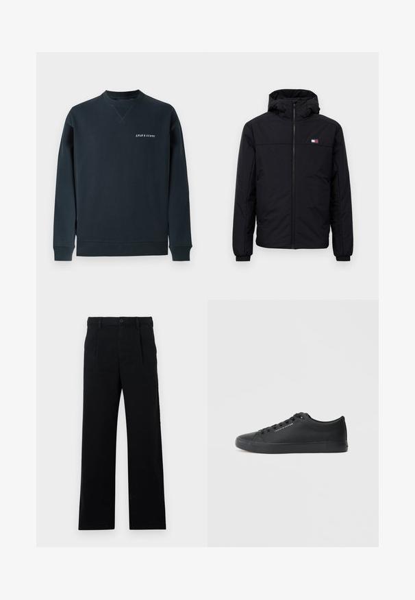 Fekete kapucnis télikabát elülső cipzárral, rugalmas mandzsettákkal és kis téglalap alakú logóval a bal mellen.; Sötétkék pamut pulóver kerek nyakkal, bordás mandzsettával és aljjal. A mellkasán fehér "LYLE & SCOTT" logó látható. Sima textúra.; Fekete, pamutból készült nyírt nadrág; lapos elülső rész, látható varrások, és egyenes szárú fazon jellemzi. Gombos záródás a derékrészen.; Tommy Hilfiger VULC LOW - Sportcipő - triple black