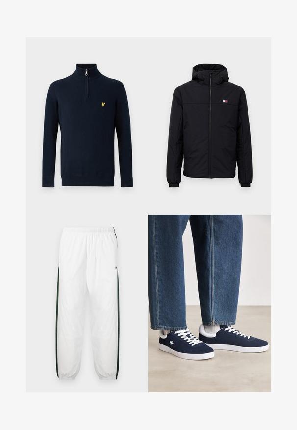 Jachetă de iarnă neagră cu glugă, cu fermoar frontal, manșete elastice și un mic logo rectangular pe pieptul stâng.; Pulover albastru marin cu guler cu fermoar pe jumătate, realizat din țesătură netedă; prezintă un logo mic brodat galben pe piept.; Pantaloni de trening albi cu panouri laterale de culoare verde închis. Material ușor, talie elastică și tivuri manșonate. Prezintă o textură din plasă pe panourile laterale.; Tenisi din pânză albaștri cu șireturi albe și tălpi din cauciuc, expuși alături de pantaloni din denim și șosete gri cu dungi, pe o suprafață gri deschis.