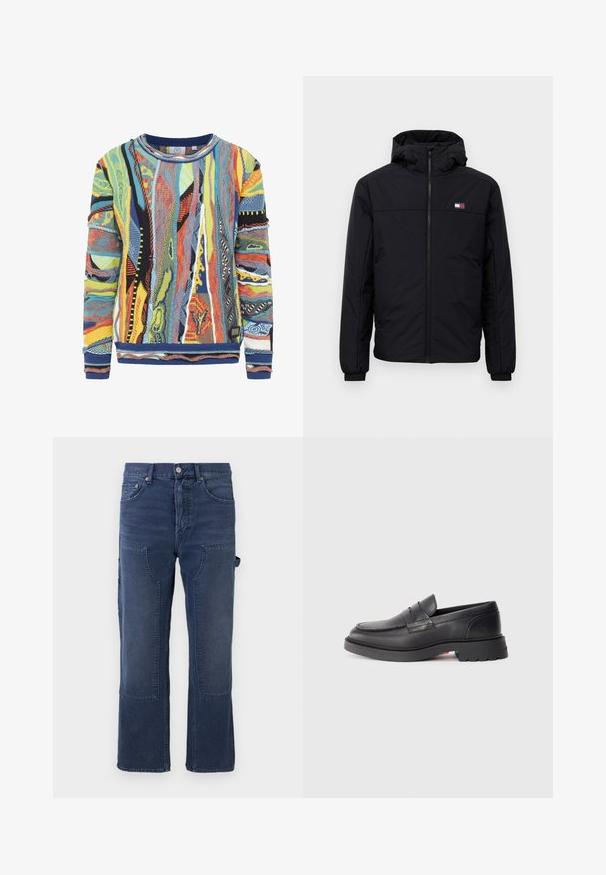 Giacca invernale nera con cappuccio, chiusura frontale a zip, polsini elastici e piccolo logo rettangolare sul lato sinistro del petto.; Maglione lavorato a maglia multicolore con motivi astratti in blu, giallo, rosso e nero. Collo e polsini a coste, tessuto strutturato.; Pantaloni in denim blu scuro con vestibilità rilassata, dotati di tasche applicate, design a gamba dritta e leggera sbiaditura del tessuto.; Mocassini in pelle nera con punta rotonda, cucitura rialzata e suola in gomma spessa. Design semplice con minimal branding sul lato.