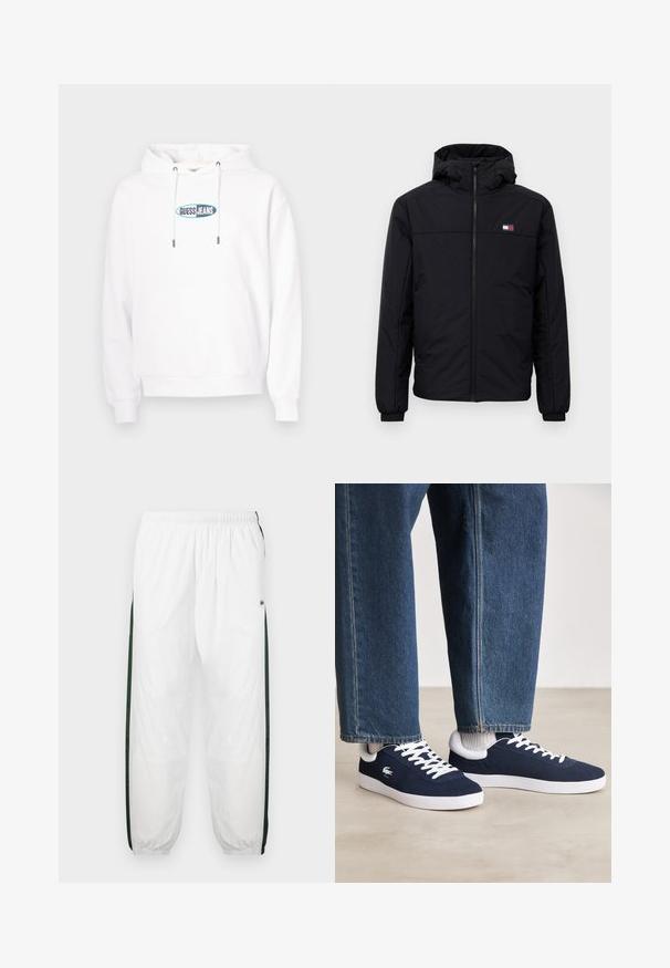 Čierna zimná bunda s kapucňou a predným zipsom, elastické manžety a malý obdĺžnikový logo na ľavej hrudi.; Biela mikina s klokaním vreckom vpredu a modro-zeleným oválnym logom "GUESS JEANS" uprostred na hrudi, s kapucňou na šnúrky.; Biele športové nohavice s tmavozelenými bočnými panelmi. Ľahký materiál, elastický pás a sťahované lemy. Obsahujú sieťovinovú textúru na bočných paneloch.; Modré plátené tenisky s bielymi šnúrkami a gumovými podrážkami, vystavené spolu s džínsovými nohavicami a šedými rebrovanými ponožkami na svetlosivom povrchu.