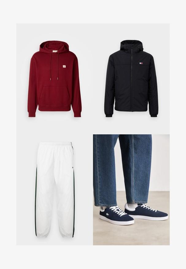Jachetă de iarnă neagră cu glugă, cu fermoar frontal, manșete elastice și un mic logo rectangular pe pieptul stâng.; Hanorac cu glugă burgund din bumbac moale, cu un buzunar frontal, șnururi, și o mică etichetă cu logo, cu manșete și tiv cu bumbac rib. ; Pantaloni de trening albi cu panouri laterale de culoare verde închis. Material ușor, talie elastică și tivuri manșonate. Prezintă o textură din plasă pe panourile laterale.; Tenisi din pânză albaștri cu șireturi albe și tălpi din cauciuc, expuși alături de pantaloni din denim și șosete gri cu dungi, pe o suprafață gri deschis.