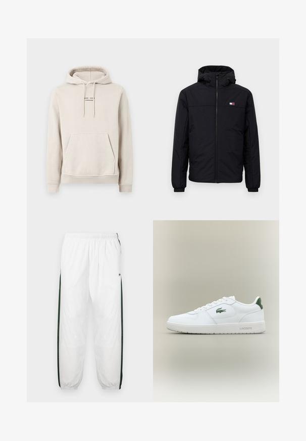 Black hooded winter jacket with front zipper, elastic cuffs, and small rectangular logo on the left chest.; Beige hoodie made of soft fabric, featuring a kangaroo pocket, drawstring hood, and small black text logo on the chest.; White track pants with dark green side panels. Lightweight material, elastic waistband, and cuffed hems. Features mesh texture on side panels.; White leather sneaker with a smooth finish, green accents on the heel, and a green logo on the side. Features a flat sole and round toe.