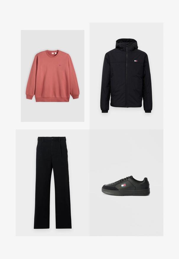 Svart huva vinterjacka med framdragkedja, elastiska ärmar och liten rektangulär logotyp på vänster bröst.; Crewneck sweatshirt i dammig rosafärg, tillverkad av mjuk bomullsblandning, med ribbade mudd och fåll samt ett litet logopatch på bröstet.; Svarta skräddarsydda byxor gjorda av bomull; har en flat front, synliga sömmar och rak benform. Knapplåsning vid midjan.; Svart atletisk sneakers med slät läder och mockadetaljer, rund tå, snörning fram och en liten logopatch på sidan.