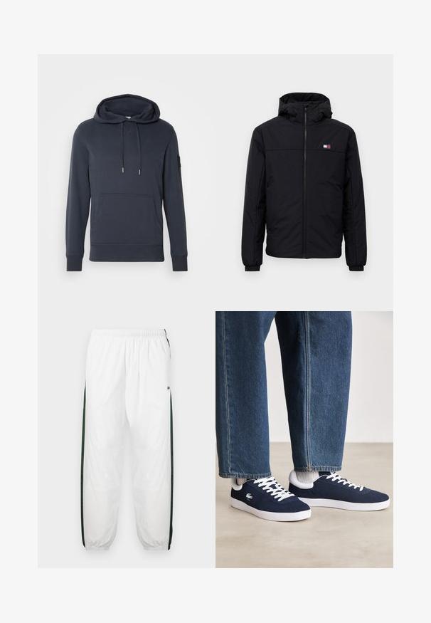 Čierna zimná bunda s kapucňou a predným zipsom, elastické manžety a malý obdĺžnikový logo na ľavej hrudi.; Námornícky modrá mikina s kapucňou vyrobená z mäkkej látky, s prednou vreckom, kapucňou so šnúrkou, rebrovanými manžetami a malou nášivkou loga na rukáve.; Biele športové nohavice s tmavozelenými bočnými panelmi. Ľahký materiál, elastický pás a sťahované lemy. Obsahujú sieťovinovú textúru na bočných paneloch.; Modré plátené tenisky s bielymi šnúrkami a gumovými podrážkami, vystavené spolu s džínsovými nohavicami a šedými rebrovanými ponožkami na svetlosivom povrchu.