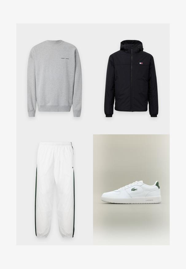 Melnas kapuces ziemas jaka ar priekšējo rāvējslēdzēju, elastīgām aprocēm un mazu taisnstūrveida logo kreisajā krūtīs.; Pelēks krekls no kokvilnas maisījuma ar ribota kakla un piedurkņu apdari. Mazs melns logo uz krūšu daļas. Gluda tekstūra un brīvā stila piegriezums.; Baltas sporta bikses ar tumši zaļām sānu joslām. Viegls materiāls, elastīga josta un aproces apakšā. Satur acu auduma tekstūru sānu joslās.; Baltas ādas sneakers ar gludu apdari, zaļiem akcentiem uz papēža un zaļu logotipu sānos. Iezīmē platu zoli un apaļu pirkstu.