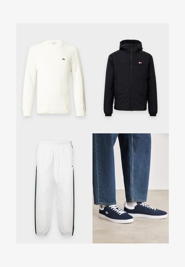 Jachetă de iarnă neagră cu glugă, cu fermoar frontal, manșete elastice și un mic logo rectangular pe pieptul stâng.; Pulover alb tricotat cu guler tip crew, mâneci lungi și un logo brodat verde pe piept. Fabricat dintr-un material tricotat moale.; Pantaloni de trening albi cu panouri laterale de culoare verde închis. Material ușor, talie elastică și tivuri manșonate. Prezintă o textură din plasă pe panourile laterale.; Tenisi din pânză albaștri cu șireturi albe și tălpi din cauciuc, expuși alături de pantaloni din denim și șosete gri cu dungi, pe o suprafață gri deschis.