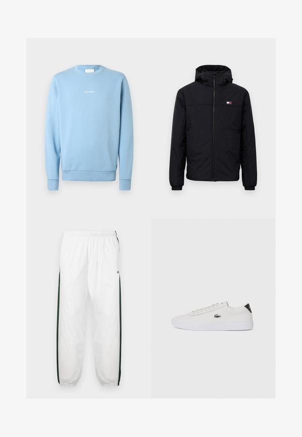 Melnas kapuces ziemas jaka ar priekšējo rāvējslēdzēju, elastīgām aprocēm un mazu taisnstūrveida logo kreisajā krūtīs.; Gai zils džemperis no mīksta auduma, ar apaļu kaklu, ribotu aproci un baltu uzrakstu "LES DEUX" uz krūtīm.; Baltas sporta bikses ar tumši zaļām sānu joslām. Viegls materiāls, elastīga josta un aproces apakšā. Satur acu auduma tekstūru sānu joslās.; Baltas ādas sporta apavu modelis ar noapaļotu purngalu, sasienamu priekšpusi un melnu papēža akcentu. Satur nelielu izšūtu krokodila logo sānos.