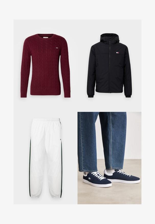Juodas žiemos švarkas su gobtuvu, su priekiniais užtrauktukais, elastingais rankogaliais ir mažuoju stačiakampiu logotipu kairėje krūtinės pusėje.; Bordo spalvota megzta džemperio su ilgomis rankovėmis ir mažu siuvinėtu logotipu kairėje krūtinės pusėje.; Baltos treniruočių kelnės su tamsiai žaliais šonų juostelėmis. Lengva medžiaga, elastinga juosmens juosta ir apASPIRUOTI rankogaliai. Šonų juostelėse yra tinklelio tekstūra.; Mėlyni drobės sportbačiai su baltais raišteliais ir guminiais padais, išdėstyti su džinsiniais kelnėmis ir pilkais briaunotais kojiniais, šviesiai pilkame paviršiuje.