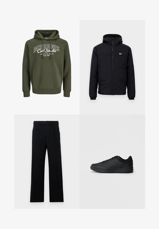 Czarna zimowa kurtka z kapturem, z przednim zamkiem, elastycznymi mankietami i małym prostokątnym logo na lewej piersi.; Oliwkowy hoodie ze sznurkiem, z białym nadrukiem graficznym, na którym znajduje się tekst "JACK&JONES Coll. Studio." Miękka tkanina, luźny krój.; Czarne, dopasowane spodnie wykonane z bawełny; posiadają gładki przód, widoczne szwy i prostą nogawkę. Zapięcie na guzik w talii.; Czarne buty sportowe z gładkiego materiału syntetycznego, okrągłym noskiem, perforowanymi akcentami, sznurowanym wzorem i teksturowaną gumową podeszwą.