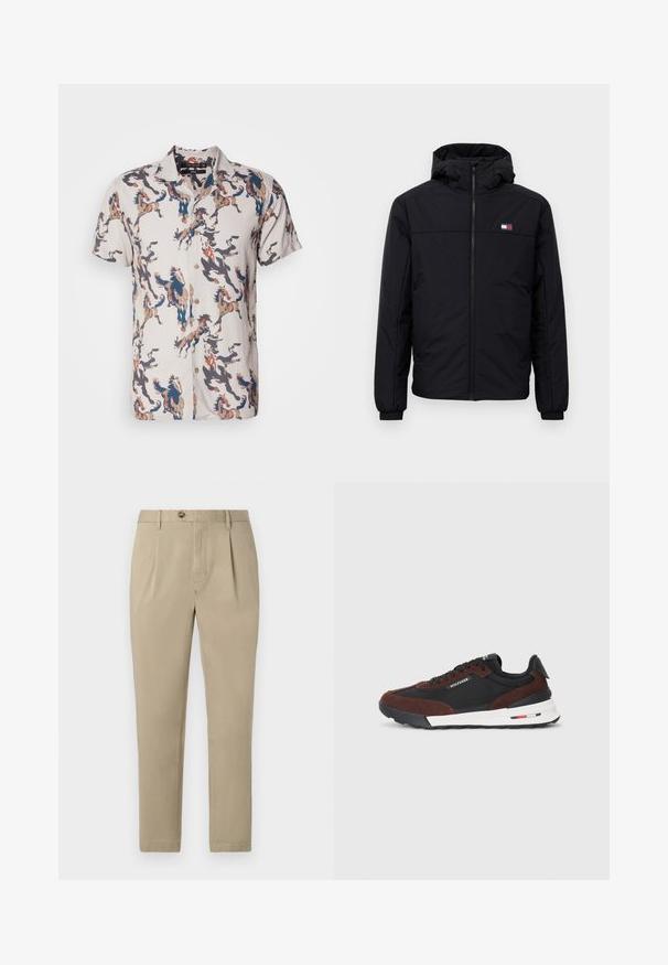 Chaqueta de invierno negra con capucha, cierre frontal, puños elásticos y pequeño logo rectangular en el lado izquierdo del pecho.; Camisa de manga corta en tejido ligero con una base beige y patrones coloridos de caballos en tonos azules, marrones y negros. Con botones en la parte delantera.; Tommy Hilfiger HARLEM - Pantalones chinos - camel; Tommy Hilfiger RETRO RUNNER MIX - Zapatillas - black/cocoa