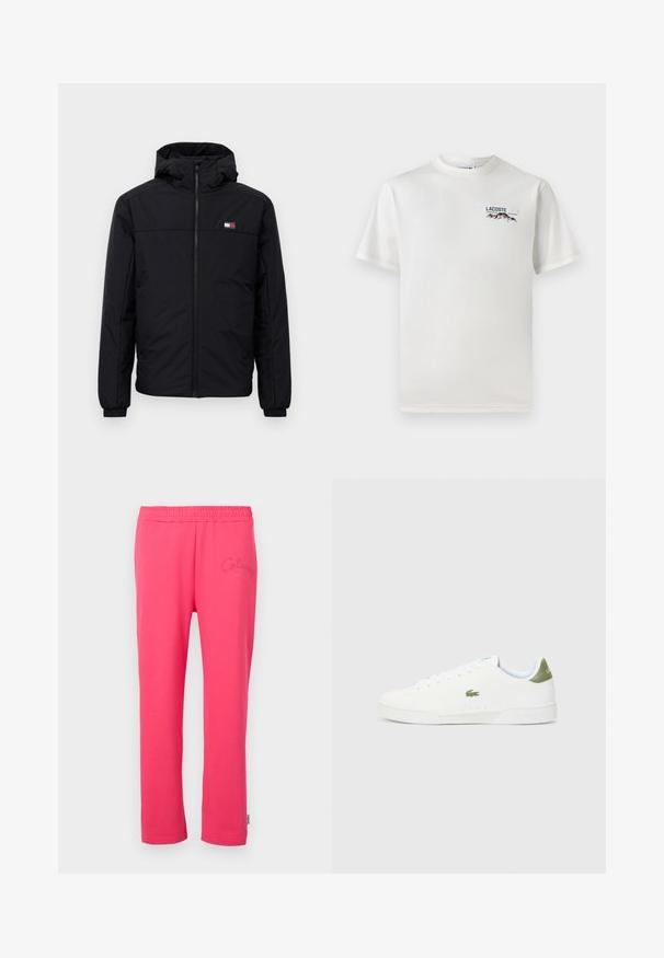 Casaco de inverno preto com capuz, fecho frontal, punhos elásticos e pequeno logotipo retangular no lado esquerdo do peito.; T-shirt de algodão branco com decote redondo, mangas curtas e um pequeno logótipo bordado apresentando montanhas e texto no lado esquerdo do peito.; Calças de lounge em algodão cor-de-rosa com uma cintura elástica e detalhe de logótipo bordado na frente. Apresenta um design de perna reta.; Tênis brancos com uma textura suave, apresentando um detalhe verde no calcanhar e um pequeno logotipo de crocodilo bordado na lateral.