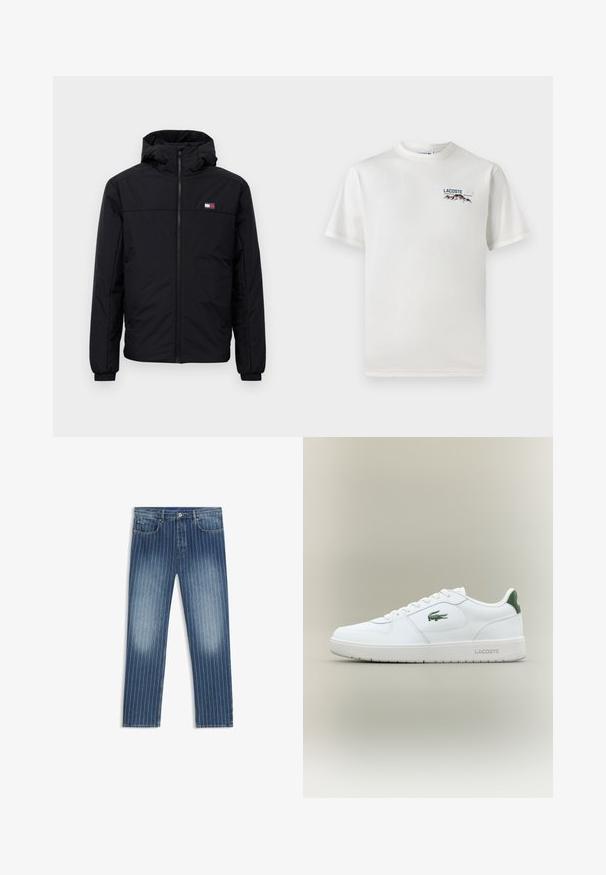 Casaco de inverno preto com capuz, fecho frontal, punhos elásticos e pequeno logotipo retangular no lado esquerdo do peito.; T-shirt de algodão branco com decote redondo, mangas curtas e um pequeno logótipo bordado apresentando montanhas e texto no lado esquerdo do peito.; Calças de ganga com padrão risca de giz, na cor azul média, com zonas desbotadas, corte reto, cinco bolsos e fecho de botão metálico.; Sapatilha de couro branca com um acabamento suave, detalhes verdes no calcanhar e um logótipo verde na lateral. Apresenta sola plana e bico redondo.