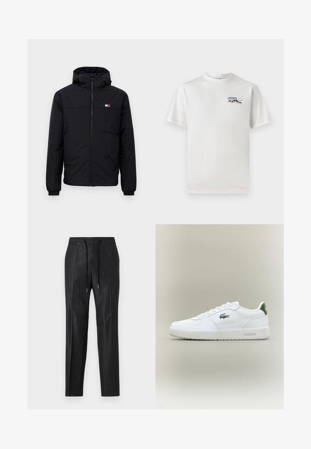 Fekete kapucnis télikabát elülső cipzárral, rugalmas mandzsettákkal és kis téglalap alakú logóval a bal mellen.; Fehér pamut póló kerek nyakkivágással, rövid ujjal és egy kis gépi hímzésű logóval, amely hegyeket és szöveget ábrázol a bal mellen.; Fekete csíkozott nadrág sima anyagból, kényelmes, elasztikus derékrésszel és húzózsinóros részletekkel. Diszkrét logó részletezéssel rendelkezik.; Fehér bőr sneaker sima felülettel, zöld akcentussal a saroknál, és zöld logóval az oldalon. Lapos talpa és kerek orra van.