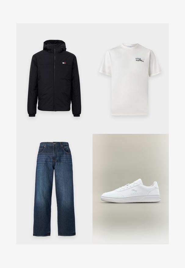 Svart hettejakke for vinteren med frontglidelås, elastiske mansjetter og en liten rektangulær logo på venstre bryst.; Hvit bomull T-skjorte med rund hals, korte ermer, og en liten brodert logo med fjell og tekst på venstre bryst.; Mørkeblå denimjeans med rette ben, synlig søm, fem lommer og knappelukking i livet. Glatt tekstur.; Hvite lær sneakers med rund tå, snøring og lav profil såle. Har perforerte detaljer og preget logo.