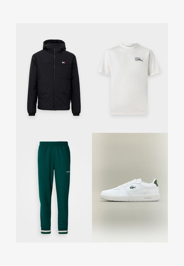 Sort hættejakke til vinter med frontlynlås, elastiske manchetter og lille rektangulært logo på venstre bryst.; Hvid bomulds-T-shirt med rund halsudskæring, korte ærmer og et lille broderet logo med bjerge og tekst på venstre bryst.; Grønne sweatpants lavet af blødt stof, med en taperet pasform, elastisk talje og stribede manschetter. Logo vist på siden.; Hvide lædersneakers med en glat overflade, grønne accenter på hælen og et grønt logo på siden. Har en flad sål og rund tå.