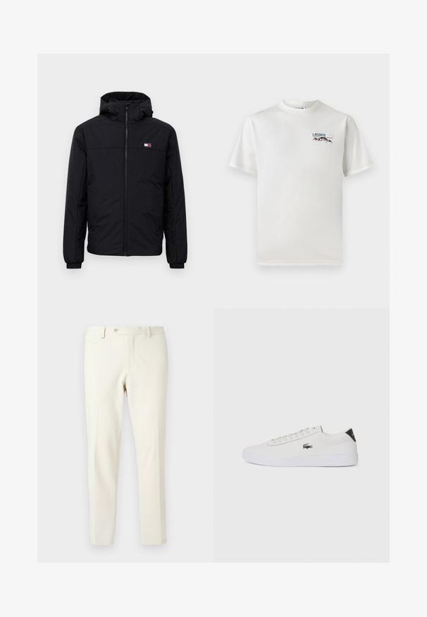 Fekete kapucnis télikabát elülső cipzárral, rugalmas mandzsettákkal és kis téglalap alakú logóval a bal mellen.; Fehér pamut póló kerek nyakkivágással, rövid ujjal és egy kis gépi hímzésű logóval, amely hegyeket és szöveget ábrázol a bal mellen.; Világos bézs nadrág sima anyagból. Elöl cipzárral, gombos záródással és ferde oldalzsebekkel rendelkezik, karcsú szabással.; Fehér bőr sportcipő kerek orral, fűzős elülső résszel és fekete sarok akcentussal. Oldalán egy kis hímzett krokodil logóval rendelkezik.