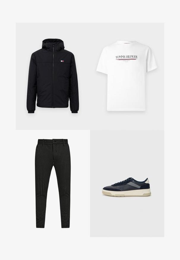 Melnas kapuces ziemas jaka ar priekšējo rāvējslēdzēju, elastīgām aprocēm un mazu taisnstūrveida logo kreisajā krūtīs.; Balts kokvilnas T-krekls ar "TOMMY HILFIGER" logotipu melnā krāsā ar sarkanu akcenta līniju, apaļu dekoltē un īsām piedurknēm.; Melnas svītrainas bikses, kas iezīmētas ar vertikālām baltām svītrām, šaura piegriezuma dizains un pogu aizdare ar jostas cilpām, lai pielāgotu izmēru.; BOSS BALTIMORE - Sporta apavi - open blue