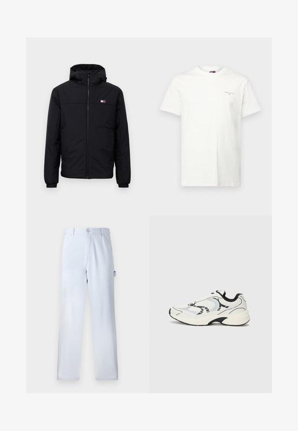 Casaco de inverno preto com capuz, fecho frontal, punhos elásticos e pequeno logotipo retangular no lado esquerdo do peito.; T-shirt de algodão branco com mangas curtas, decote em V e um pequeno logótipo bordado no lado esquerdo do peito. Textura suave e corte regular.; Calças listradas em azul claro, feitas de algodão. Design de perna reta, com fecho frontal por botão e bolsos laterais. Textura suave.; Ténis atléticos brancos com detalhes em preto, apresentando uma parte superior em malha, sola acolchoada e elementos de design geométrico. Logotipo da marca na lateral.