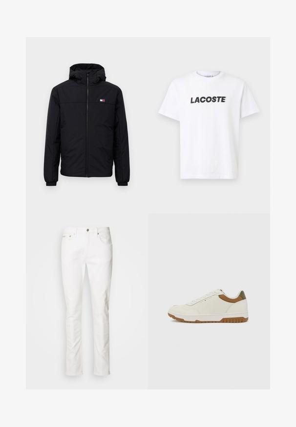 Fekete kapucnis télikabát elülső cipzárral, rugalmas mandzsettákkal és kis téglalap alakú logóval a bal mellen.; Fehér pamut póló, amelyen egy feltűnő fekete "LACOSTE" logó található a mellkason. Rövid ujjak és kerek nyakú dizájn.; Fehér farmernadrág egyenes szabású dizájnnal, öt zsebes stílusban, fémből készült gombos záródással és diszkrét varrási részletekkel.; Tommy Hilfiger BASKET CORE - Sportcipő - ecru/army green