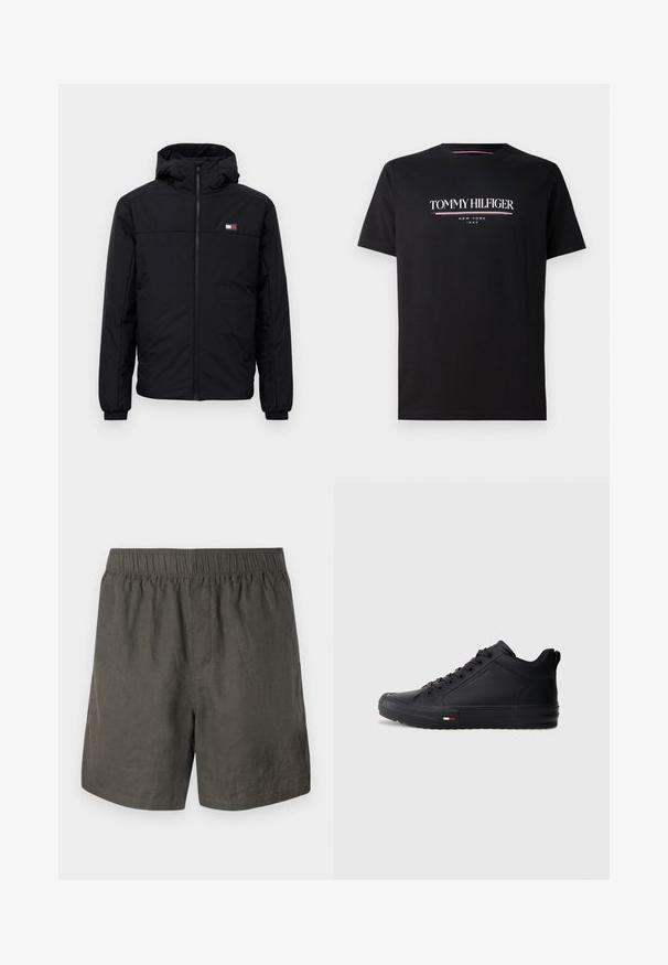 Giacca invernale nera con cappuccio, chiusura frontale a zip, polsini elastici e piccolo logo rettangolare sul lato sinistro del petto.; T-shirt in cotone nero con logo "TOMMY HILFIGER" bianco e colorato, con "NEW YORK" e "1985" in testo più piccolo sottostante. Maniche corte, collo a giro.; Shorts di lino grigio scuro con vita elastica, caratterizzati da un design semplice e una vestibilità dritta, completati da tasche laterali con fessura.; Sneakers alte nere con tomaia sintetica liscia, punta rotonda, suola piatta e un piccolo dettaglio rosso, bianco e blu sul lato.