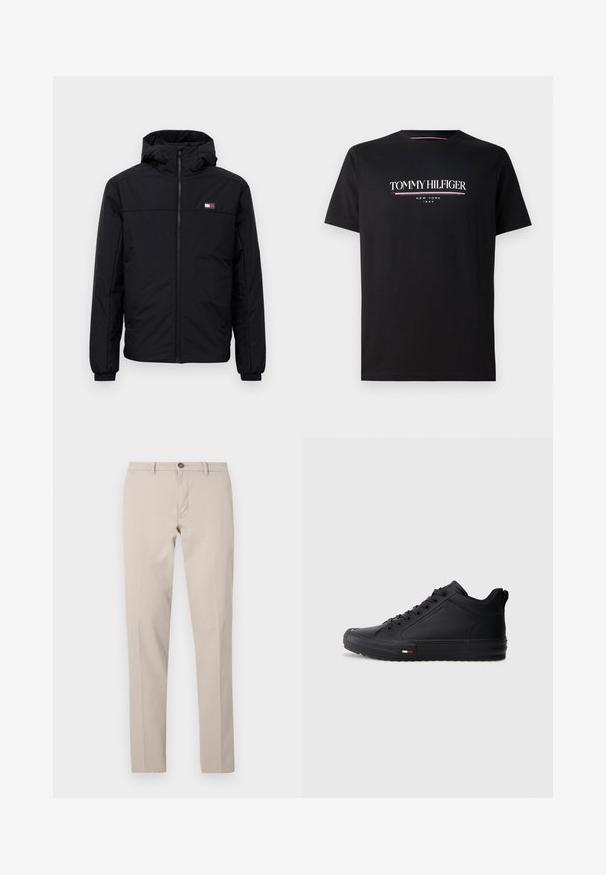 Must tume kapuutsiga talvejakk, millel on eesneede, elastsed mansetid ja väike ristkülikukujuline logo vasakul rinnal.; Must musta t-särk mustast puuvillast, millel on valge ja värviline "TOMMY HILFIGER" logo, mille all on väiksemas kirjas tekst "NEW YORK" ja "1985". Lühikesed varrukad, ümar kaelus.; Beežid kitsad püksid vööaasade, nööpimise ja esiluku avamisega, laotatuna valgel taustal.; Mustad kõrge säärega tennised, millel on sile sünteetiline pealmine osa, ümar varvas, lame talla ja väike punase, valge ning sinise triip külje peal.