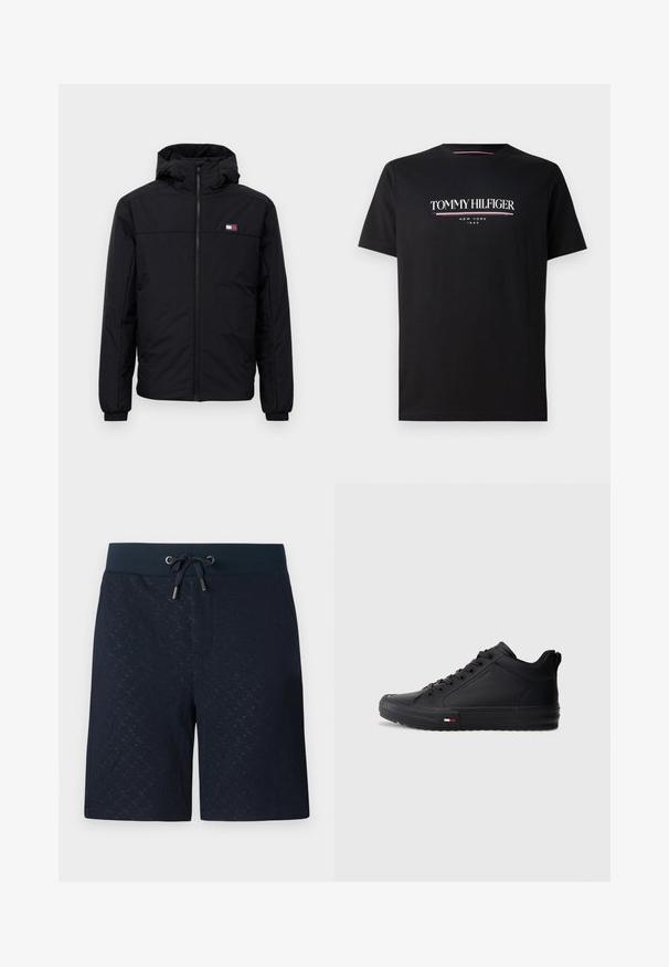 Giacca invernale nera con cappuccio, chiusura frontale a zip, polsini elastici e piccolo logo rettangolare sul lato sinistro del petto.; T-shirt in cotone nero con logo "TOMMY HILFIGER" bianco e colorato, con "NEW YORK" e "1985" in testo più piccolo sottostante. Maniche corte, collo a giro.; Pantaloni corti blu navy con un motivo testurizzato, vita elastica e coulisse. Presentano tasche laterali e una vestibilità comoda e rilassata.; Sneakers alte nere con tomaia sintetica liscia, punta rotonda, suola piatta e un piccolo dettaglio rosso, bianco e blu sul lato.