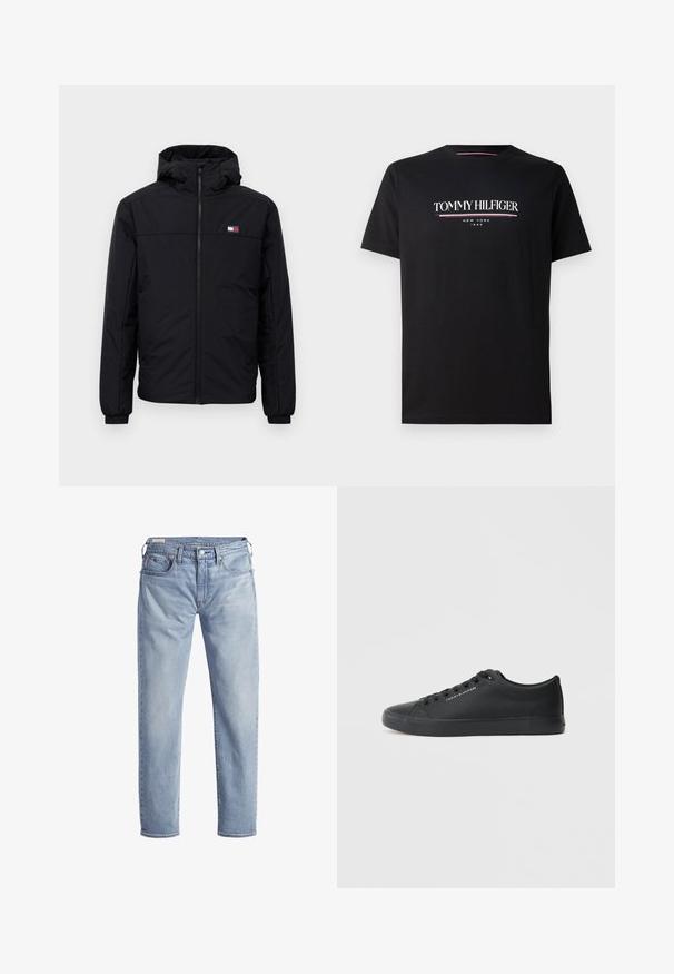 Juodas žiemos švarkas su gobtuvu, su priekiniais užtrauktukais, elastingais rankogaliais ir mažuoju stačiakampiu logotipu kairėje krūtinės pusėje.; Juodas medvilninis marškinėliai su balta ir spalvota "TOMMY HILFIGER" logo, o po juo mažesniu šriftu "NEW YORK" ir "1985". Trumpomis rankovėmis, apvaliu kaklu.; Šviesiai mėlyni džinsai su tiesiomis kojomis, penkiomis kišenėmis ir metaliniu mygtuko užsegimu. Audinys turi nežymų nusidėvėjimą ir minkštą tekstūrą.; Tommy Hilfiger VULC LOW - Sportbačiai - triple black
