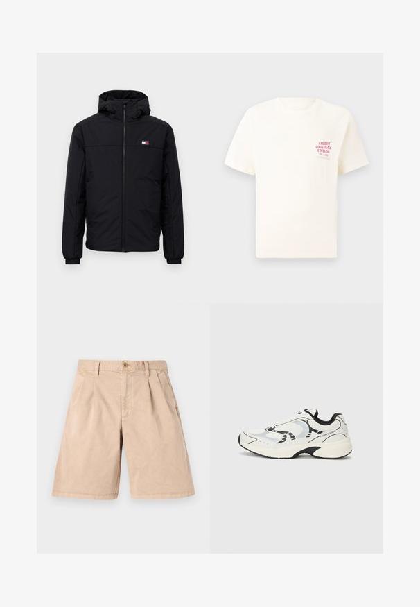 Černá zimní bunda s kapucí, předním zipem, elastickými manžetami a malým obdélníkovým logem na levé hrudi.; Bílý krátký rukávový tričko s červeným textem "Studio Originals Edition" na levé hrudi, vystavené na neutrálním šedém pozadí.; Béžové kraťasy vyrobené z bavlny, s rovným střihem, plisovaným předním dílem, bočními kapsami a jedním knoflíkem na zapínání v pase.; Bílé sportovní tenisky s černými akcenty, s síťovaným svrškem, vycpanou podrážkou a geometrickými designovými prvky. Logo značky na boku.