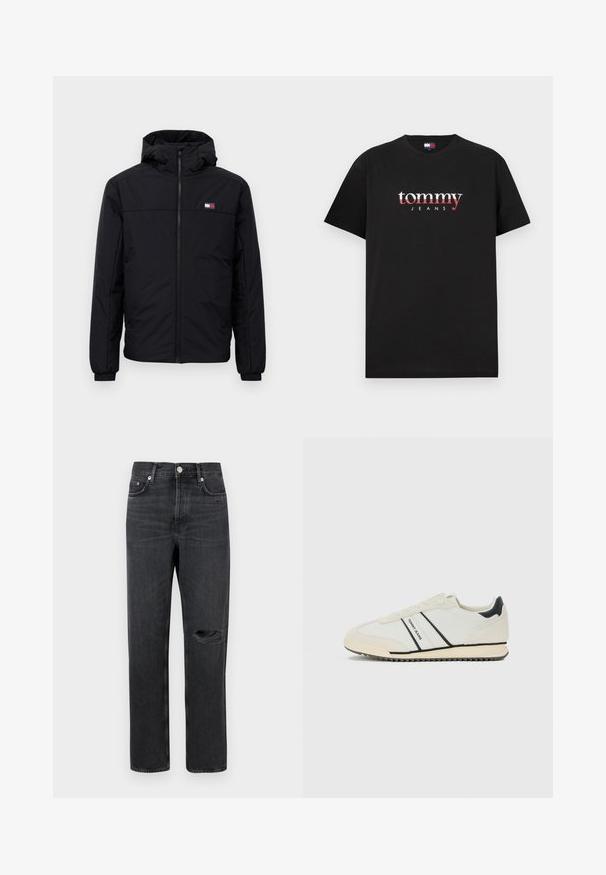 Giacca invernale nera con cappuccio, chiusura frontale a zip, polsini elastici e piccolo logo rettangolare sul lato sinistro del petto.; T-shirt in cotone nero con logo "tommy JEANS" bianco e rosso al centro. Maniche corte, scollo rotondo e vestibilità standard.; Jeans in denim nero con gamba dritta, caratterizzati da un ginocchio strappato, design a cinque tasche e accessori in metallo in vita e tasche.; Sneaker casual bianche con accenti neri e marchio "TOMMY JEANS" sul lato, suola piatta con fondo scanalato e design con lacci.