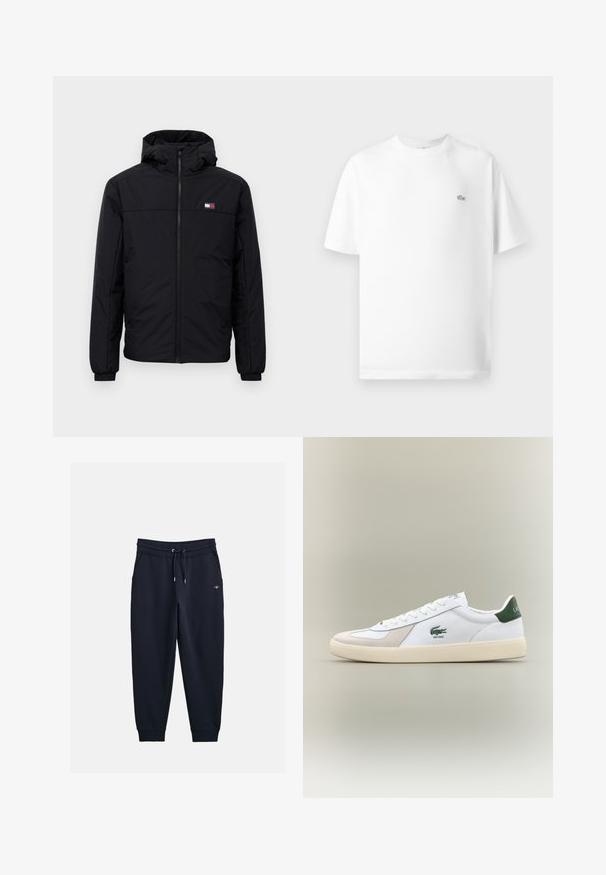 Svart huva vinterjacka med framdragkedja, elastiska ärmar och liten rektangulär logotyp på vänster bröst.; Vit bomull t-shirt med rund hals och korta ärmar. Har en liten svart Lacoste-logotyp på vänster sida av bröstet.; Marina sweatpants tillverkade av mjukt tyg, med elastiskt midjeband och dragsko, sidofickor och ribbade muddar.; Vit sneaker med gröna Accenter, material av mocka och läder, rundad tå, texturerad sula och broderad logotyp på sidan och plösen.
